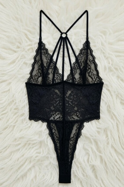ZENCHES Kadın Siyah Dantel İşlemeli Babydoll/Bodysuit