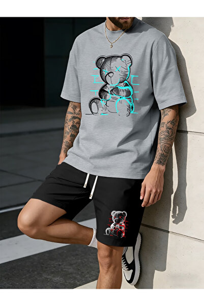 ibibik moda Bear Printed Oversize Tshirt Shorts Set