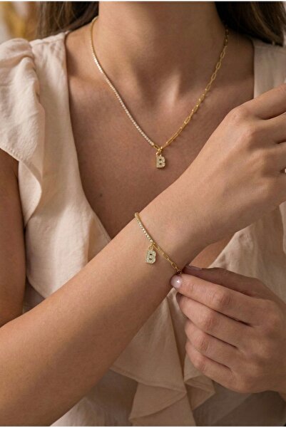 Minon Jewelry Minimal Letter Charm Harf Kolye Bileklik Takı Seti Gold 14K Alt...