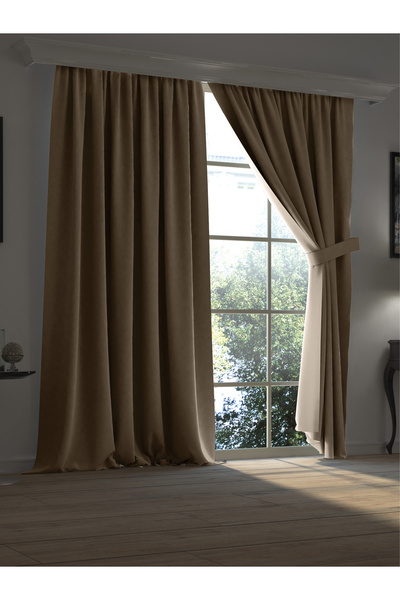 MRC Tekstil Sand Beige Blackout Light-Proof Blackout Satin Curtain with Corni...