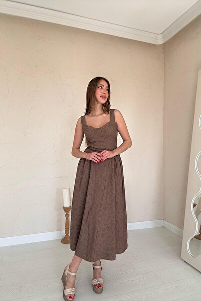 Caddebostan Moda Midi Length Dress with Thick Straps and Ruched Breast Cups o...