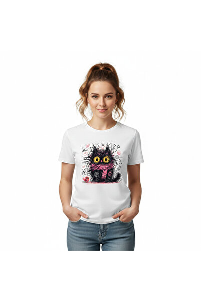 Kadın Beyaz Kedi Baskılı Regular T-shırt Cute Cool Cat Grafik Tasarım