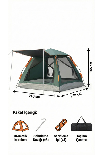 CALIBURN Otomatik Kurulum 6 Kişilik Kamp Çadırı - 240x240x165 cm, Su Geçirmez...