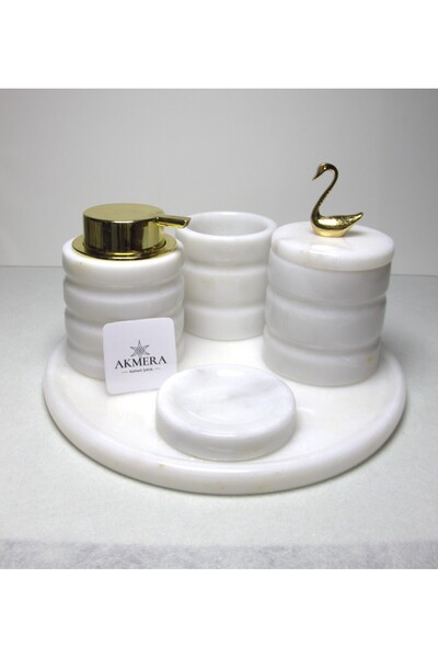 Akmera Home 5 Parça Lüks Gold Detaylı %100 Mermer Banyo Seti