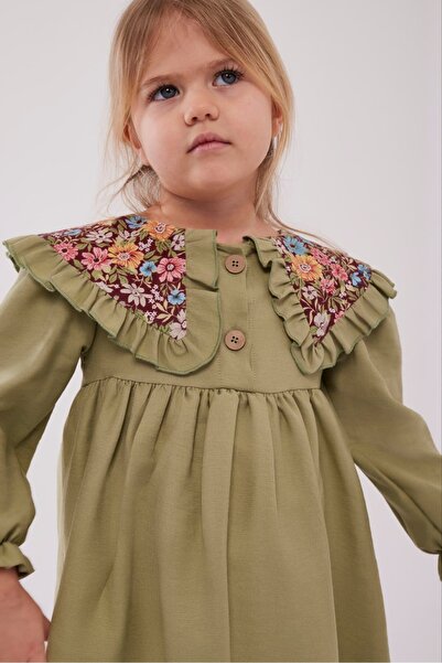 TINY BEAR Flower Collar Detailed Girl's Dress Green (with Buckle Gift)