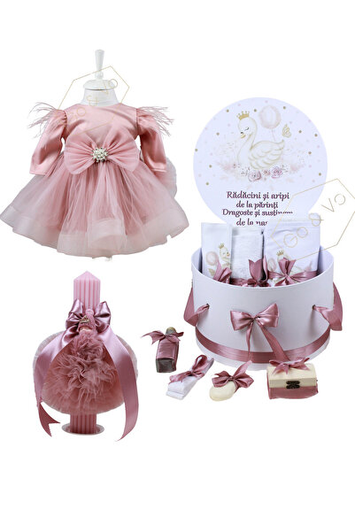 GoVo Kids Set complet botez cu lumanare si rochita, Fetita, 10 piese, Lebada,...