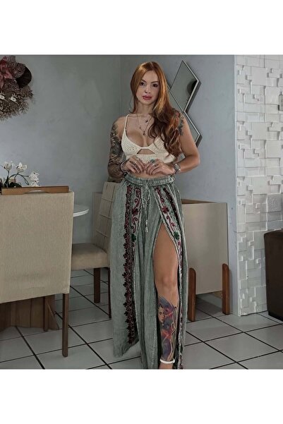 Fibula bohem ve otantik mistik işlemeli standart beden pamuk kapama pantolon ...