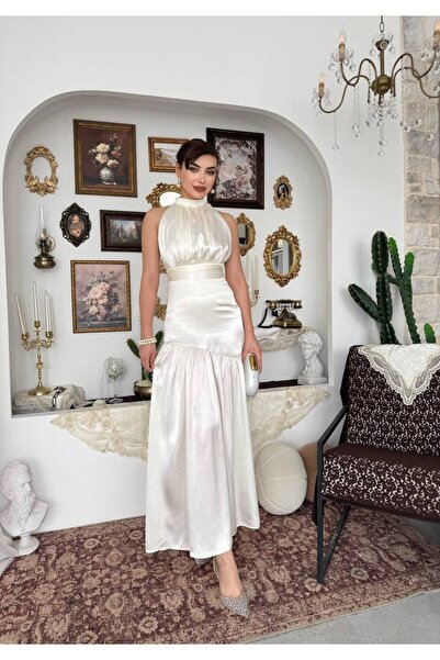 YURELİ Halter Yaka Saten Uzun Elbise