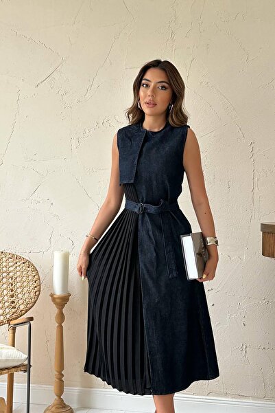 Caddebostan Moda Pilise Paneled Belt Piece Denim Dress Black Denim Detailed M...
