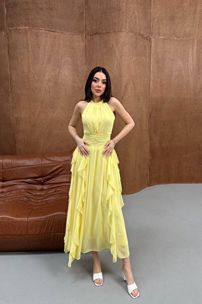 Caddebostan Moda Ruched Ruffles in Front Halter Neck Chiffon Evening Dress