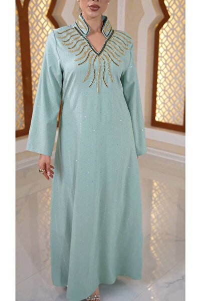 NO BRAND Kadın Mint Yeşili Kaftan Nakışlı – Hakim Yaka Uzun Abiye Elbise