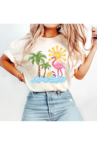 SUNFREE Colecția YAZ cu imprimeu Bej guler rotund supradimensionat Mânecă scu...