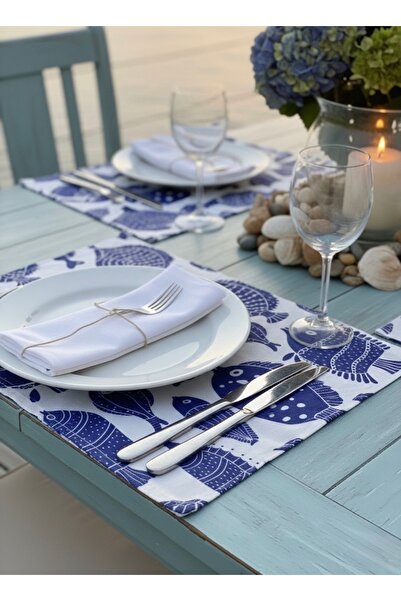 White Alamode طقم مفارش طاولة أمريكية مقاومة للبقع ومطبوعة رقميًا من مارين لا...