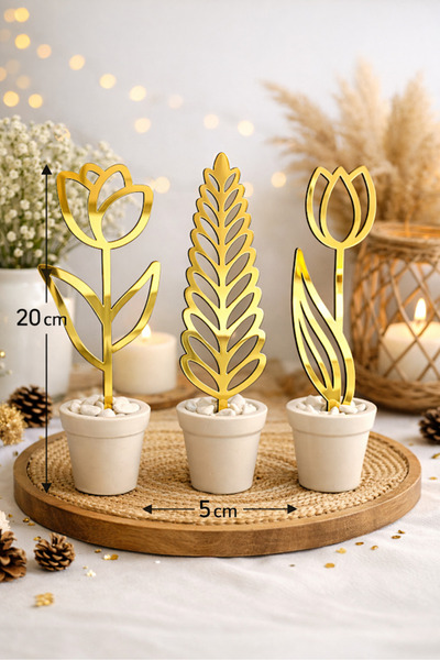 rıfkıdesing Minimal Saksılı Gold Pleksi Çiçek Dekoru – 20 cm Modern Masa & Ra...