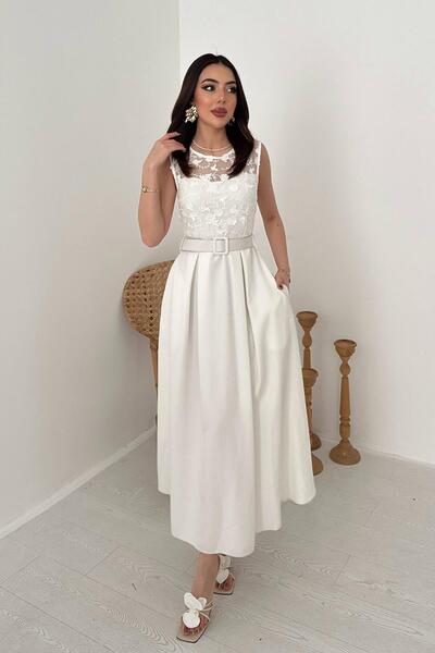 Caddebostan Moda Güpür Δαντέλα Λεπτομερές κομψό βραδινό φόρεμα σε σετ Ζώνη τε...