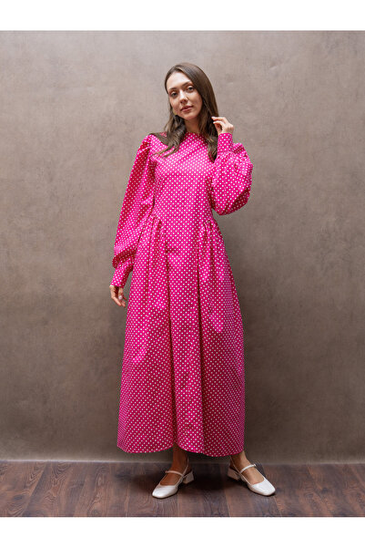 KÜÇÜĞÜM BUTİK Pleated Fuchsia Polka Dot Poplin Long Women's Dress