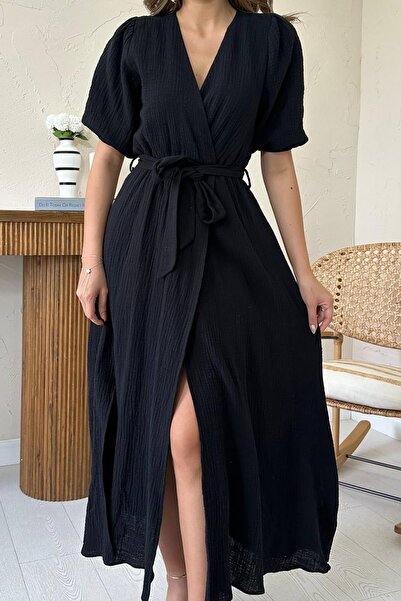 Caddebostan Moda Double-Breasted Collared Muslin Linen Tie-Detail Midi Length...