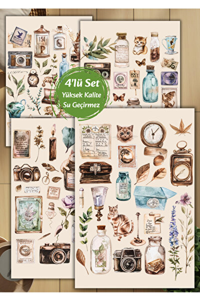 VORACRAFT 4'lü Vintage Scrapbook | Ajanda | Journal Sticker Set D00030