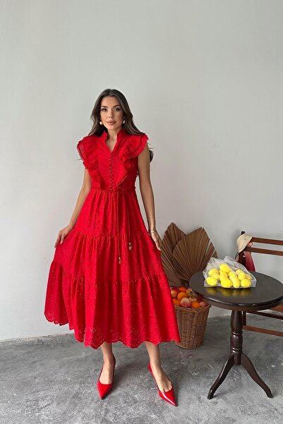 Caddebostan Moda Ruffled Buttoned Embroidered Embroidered Belted Bohemian Max...