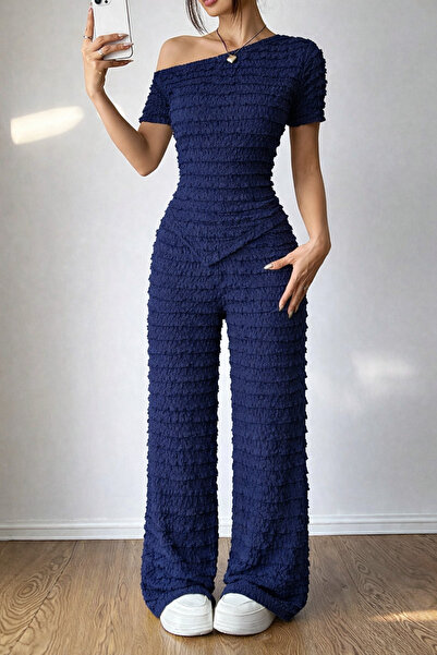 WEEST MODA Set širokih pantalona od nabrane tkanine u mornarsko plavoj boji s...