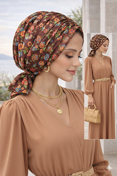 Aişe tesettür Καφέ Τραγανό Σχέδιο Λουλουδιών Με αγκράφα Κοκάλια