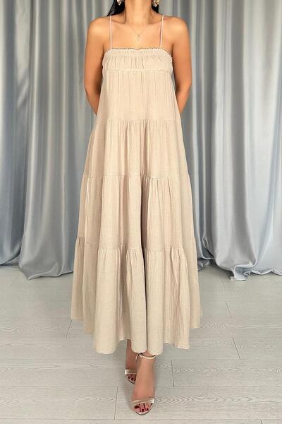 Caddebostan Moda Women's Spaghetti Strap Layered Muslin Maxi Dress