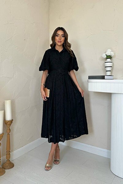 Caddebostan Moda Belt Balloon Sleeves Jacquard Shirt Collar Midi Length Dress