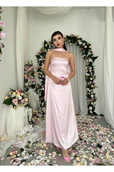 YURELİ Straplez Şal Detaylı Saten Uzun Elbise