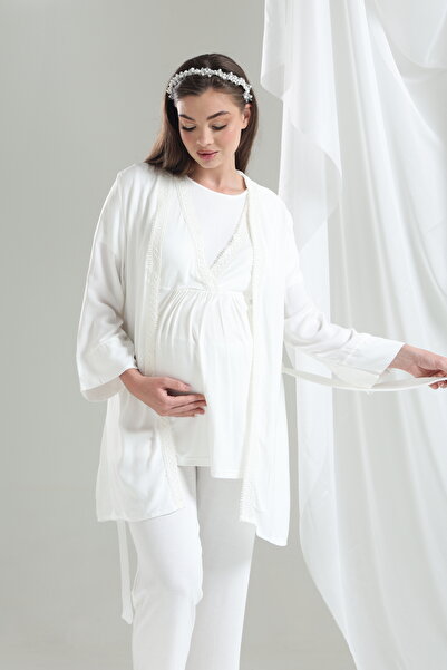 Lohusa Homewear Νέα σεζόν Εκρού Υφαντό Δαντέλα Ριγέ κοντό μανίκι 100% Βαμβάκι...