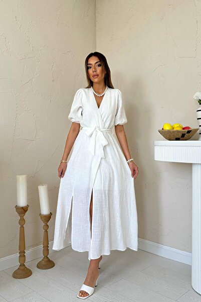 Caddebostan Moda Double-Breasted Collared Muslin Linen Tie-Detail Midi Length...