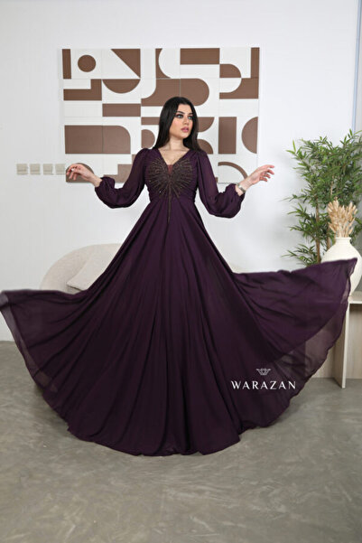 Warazan Royal chiffon dress with sleeves and embroidery