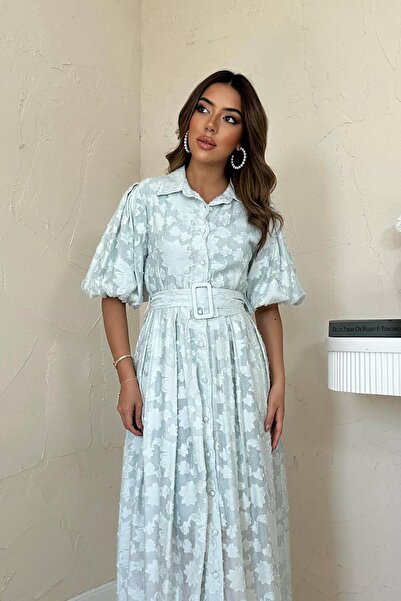 Caddebostan Moda Belt Balloon Sleeves Jacquard Shirt Collar Midi Length Dress
