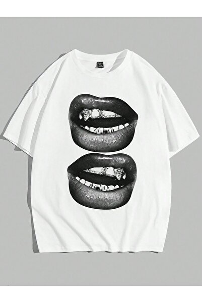 Violon Λευκό μπλουζάκι Unisex με στάμπα δύο χειλιών και λεπτομέρεια εκτύπωσης