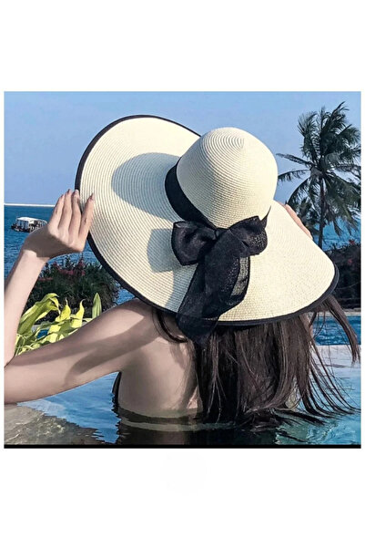 FlosTeel Kadın Oversize Hasır Şapka- Kurdele Aksesuarlı Bohem Tarzı Plaj, Den...