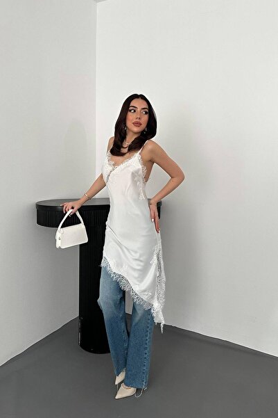 Caddebostan Moda Women's Satin Asymmetrical Cut Stylish Evening Dress with Ro...