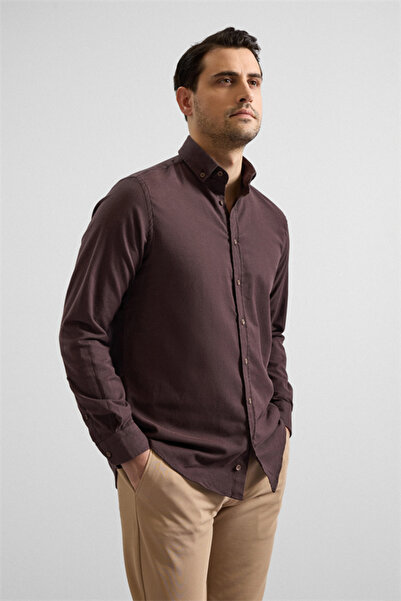 SÜVARİ Koyu Kahve Regular Düğmeli Yaka Düz Cepsiz Casual Gömlek