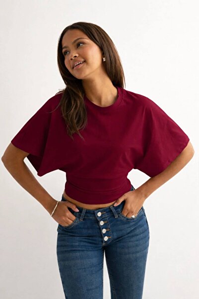 Look Kadıköy Kadın Kısa Kollu Crop Tişört Bisiklet Yaka Slim Fit Günlük Şık B...