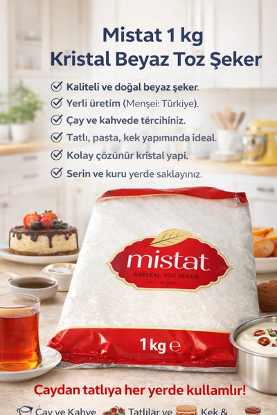 MİSTAT 1 Kg Kristal Beyaz Toz Şeker – Doğal Pancardan Üretim