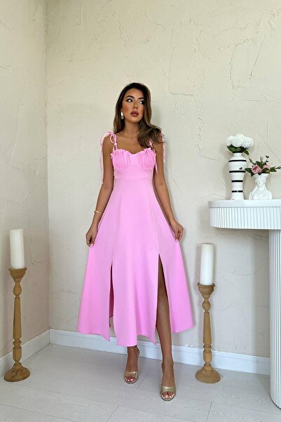 Caddebostan Moda Wholesale Yellow Atlas Dress with Slit Breast Cups