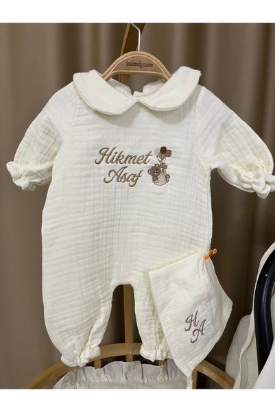 handemnakış tasarım İsimli Nakışlı Hastane Çıkışı - 4 Kat Müslin Tulum Şapka