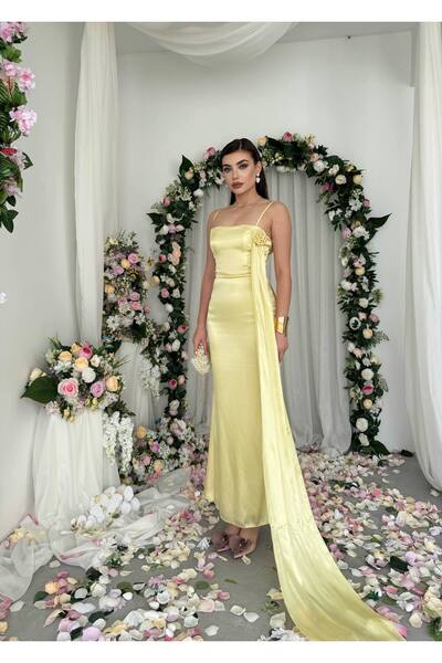 YURELİ Tek Omuz Pelerin Detaylı Saten Uzun Elbise