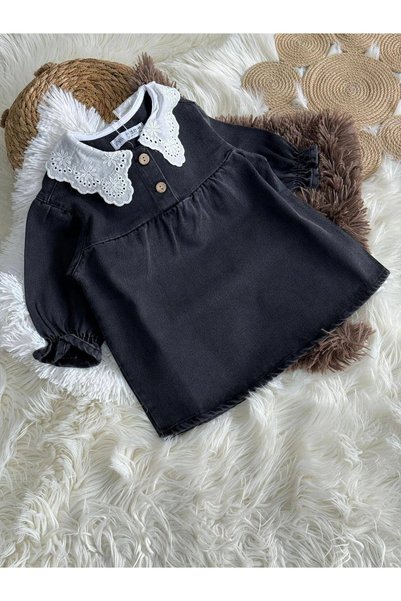 Kidmark Çocuk Modası Girl's Black Denim Dress with Collar Detail