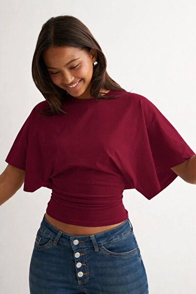 khar Kadın Crop Bluz-Belden Oturtmalı Oversize Yarasa Kol Günlük ve Şık Tasarım