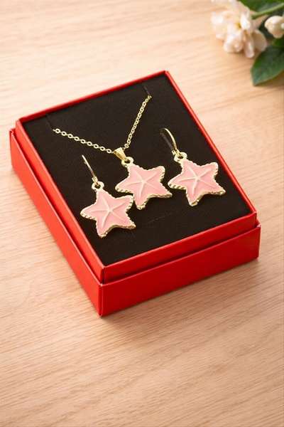 ZERO LAND طقم قلادة نجم البحر من NRZSNT مع علبة مينا - (12835) وردي