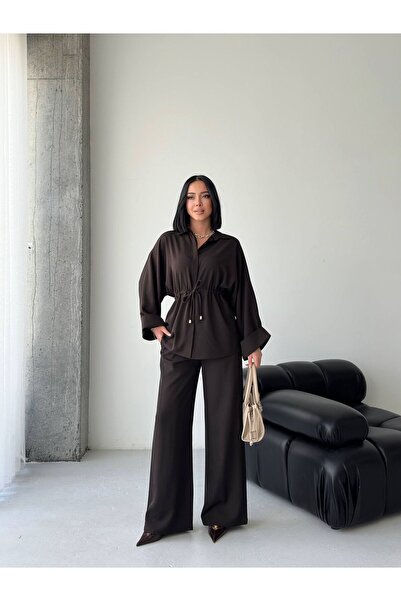 ALVOR Waist-Tie Draped Relaxed Fit Shirt and Wide-Leg Pants Top and Bottom Set