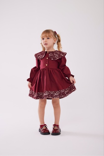 TINY BEAR Bordo Yaka Detaylı Kız Çocuk Elbise