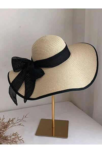 FlosTeel UV Korumalı Kadın Oversize Hasır Şapka- Kurdele Aksesuarlı Bohem Tar...
