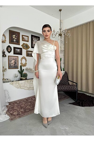 YURELİ Tek Omuz Pelerin Detaylı Saten Uzun Elbise