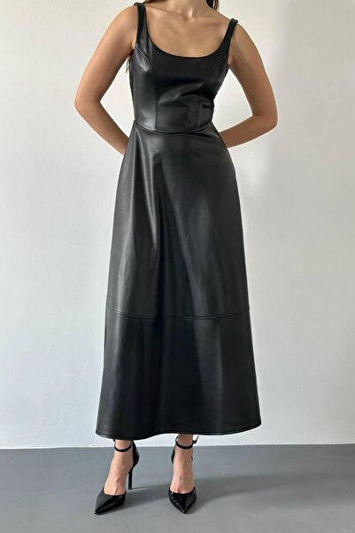 Caddebostan Moda Strappy Square Neck Faux Leather Flaslı Midi Length Dress