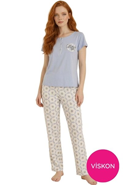 seamlife Women's Patterned Button Crew Neck Short Sleeve Pajama Set- Slim Fit...